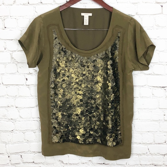 J Crew | Green Silk & Sequin Scoop Neck Tee | Size Extra Small - Picture 1 of 8